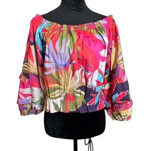 NWT Rachel Zoe Cropped Off Shoulder Blouse Large Statement Print size Large